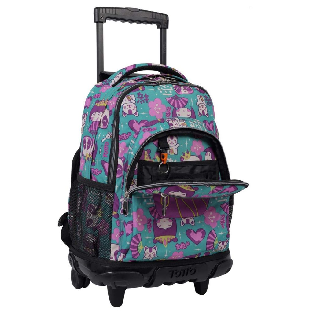 Vista del compartimento frontal de la mochila escolar Totto modelo Renglones con ruedas y estampado de princesa